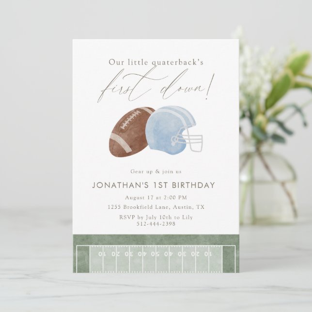 Invitation Casque de football bleu clair pour premier anniver (Debout devant)