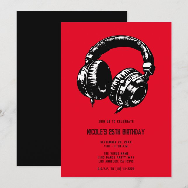 Invitation Casque de musique noir pour danse DJ fête d'annive (Devant / Derrière)
