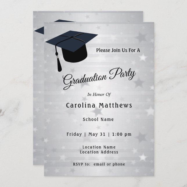 Invitation Casquette Argent Stars Graduation (Devant / Derrière)
