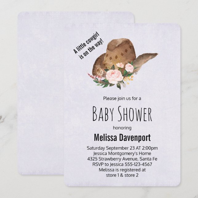 Invitation Casquette Brown Cowgirl avec Baby shower de fleurs (Devant / Derrière)