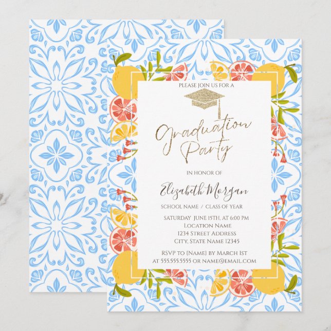 Invitation Casquette, Citrus Méditerranée Bleu Graduation (Devant / Derrière)