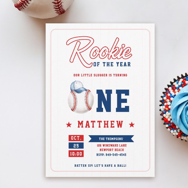 Invitation Casquette de baseball Rookie Stripes Fun Boy 1er a (rookie of the year 1st birthday invite boy baseball theme sports all star red blue milestone)