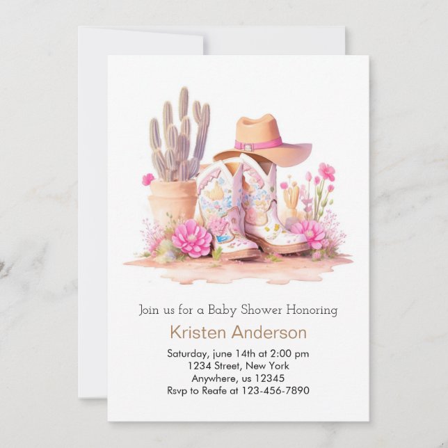 Invitation Casquette de fille et bottes Baby shower sauvage o (Devant)