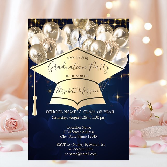 Invitation Casquette de fin d'études, Ballons d'étoiles, Bleu (Créateur téléchargé)