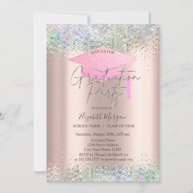 Invitation Casquette de grade, Colorful Confetti Rose Gold Gr (Devant)