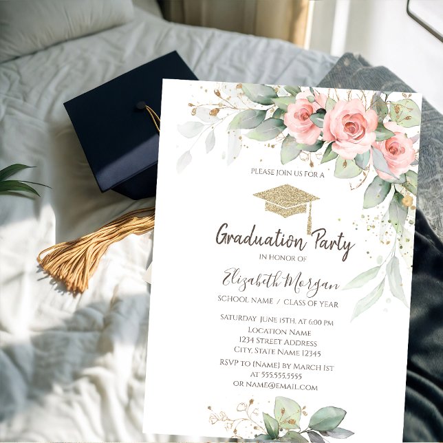 Invitation Casquette de grade, Fleurs bleues Graduation (Créateur téléchargé)