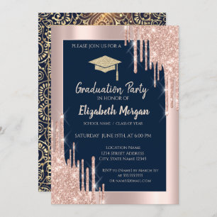 Invitation Casquette de grade, Rose Gold Drives, Marine Blue
