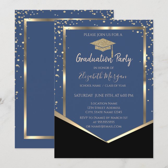 Invitation Casquette de graduation bleue, diamants or diplôme (Devant / Derrière)