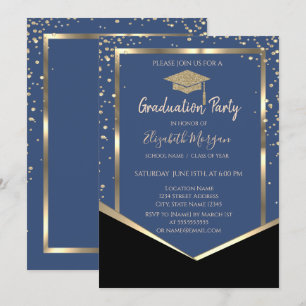 Invitation Casquette de graduation bleue, diamants or diplôme