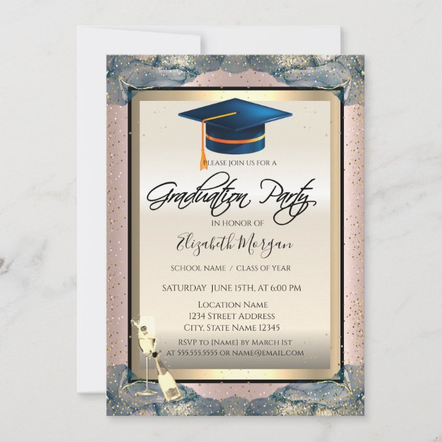Invitation Casquette de graduation bleue, vin, confettis Rose (Devant)
