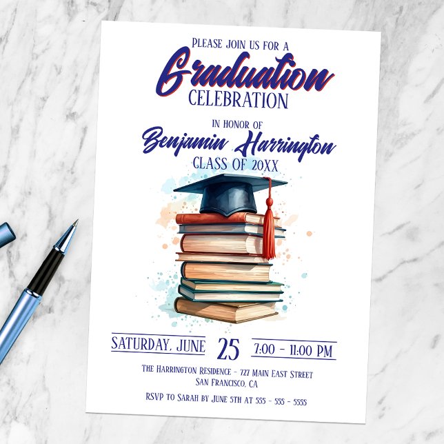 Invitation Casquette de graduation d'aquarelle avec des livre (Créateur téléchargé)