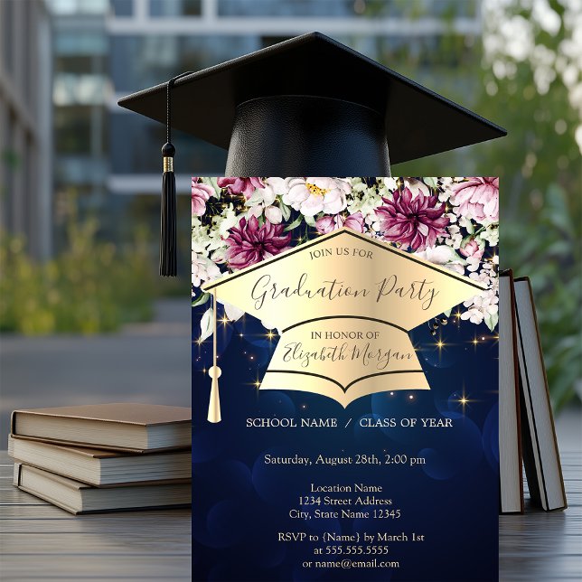 Invitation Casquette de graduation dorée, étoiles, fleurs Ble (Créateur téléchargé)