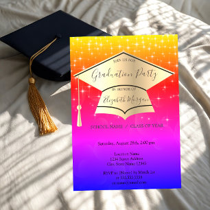 Invitation Casquette de graduation dorée, étoiles sur fond om