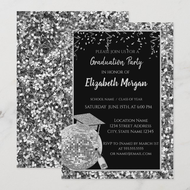 Invitation Casquette de graduation en argent, Boule disco, Vi (Devant / Derrière)