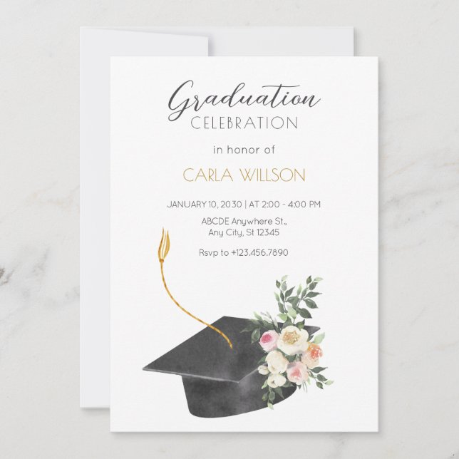 Invitation Casquette de graduation minimaliste avec invitatio (Devant)