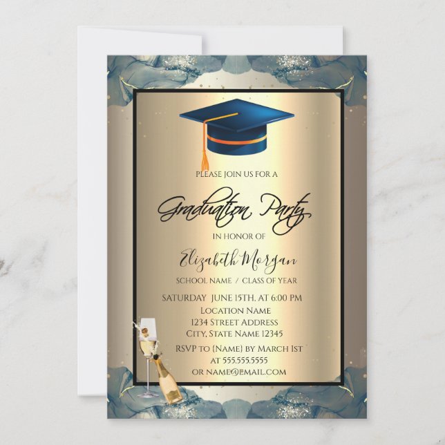 Invitation Casquette de remise de diplôme bleue, Verre à vin, (Devant)