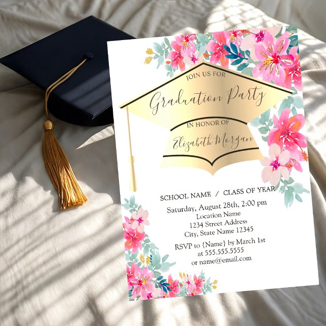 Invitation Casquette de remise de diplôme dorée Fleurs de pri (Créateur téléchargé)