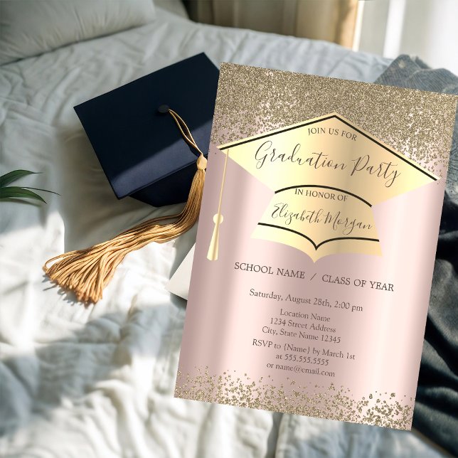 Invitation Casquette de remise de diplôme en or,Diamants Rose (Créateur téléchargé)