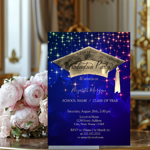 Invitation Casquette de remise de diplôme en or, étoiles fond