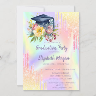 Invitation Casquette de remise de diplôme florale, gouttes om
