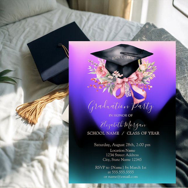 Invitation Casquette de remise de diplôme florale,Ruban ombré (Créateur téléchargé)