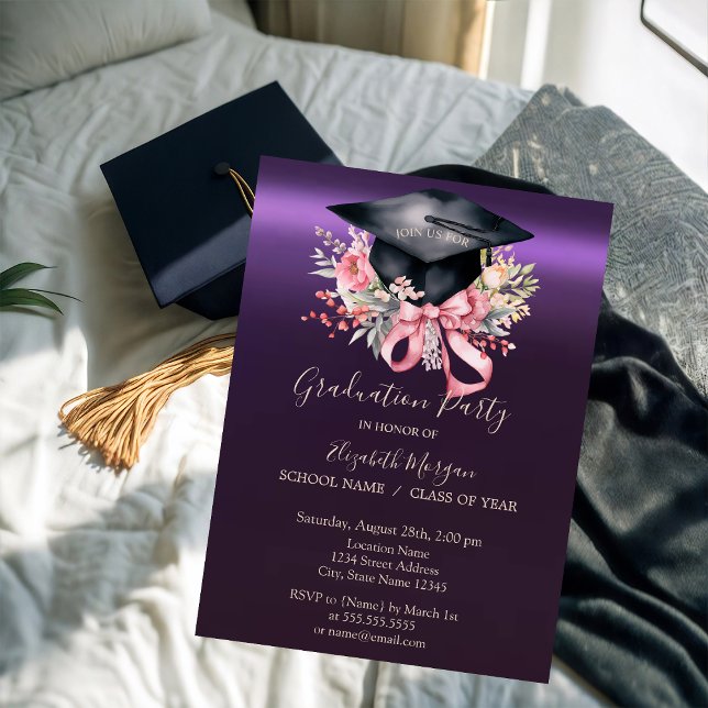 Invitation Casquette de remise de diplôme florale,Ruban viole (Créateur téléchargé)