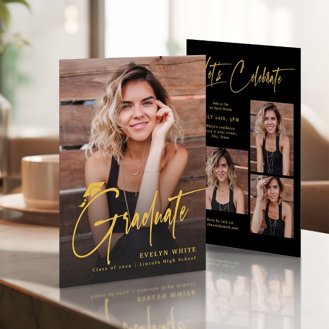 Invitation Casquette de remise de diplôme moderne Script 4 Ph (Modern Grad Cap Script 4 Photo Simple Graduation Invitation)