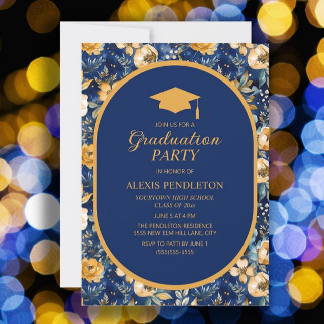 Invitation Casquette de remise des diplômes au lycée avec fle (Navy blue and gold floral graduation party invitation)