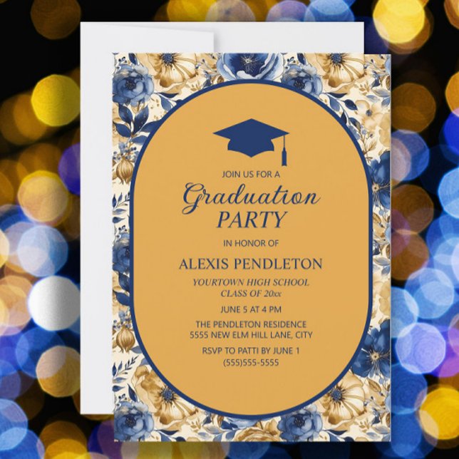 Invitation Casquette de remise des diplômes au lycée avec fle (Blue and gold floral graduation party invitation)