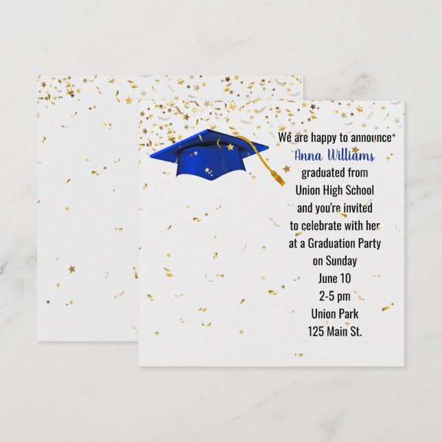 Invitation Casquette de remise des diplômes bleue avec confet (Devant / Derrière)