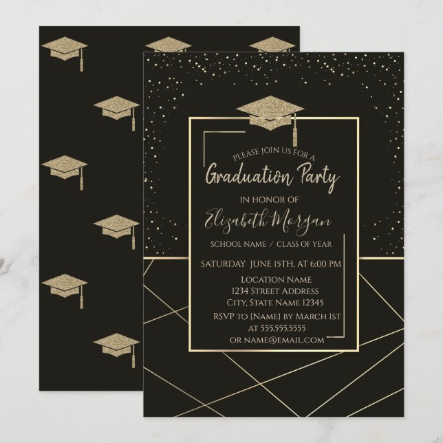 Invitation Casquette de remise des diplômes dorée Géométrique (Devant / Derrière)