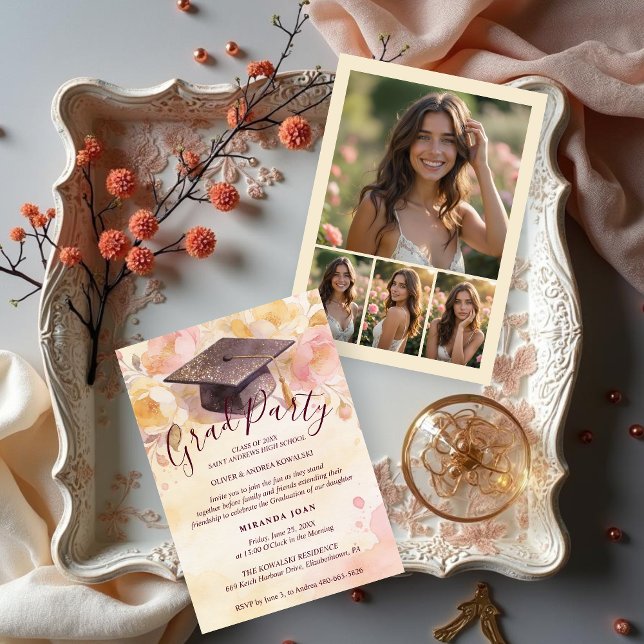 Invitation Casquette de remise des diplômes élégante Collage  (Stylish Graduation Cap Floral Background Party Invitation Card Design with Back 4-Photo Collage. )
