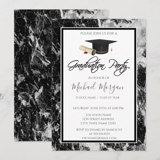 Invitation Casquette de remise des diplômes Marbre Noir Fête  (Devant / Derrière)