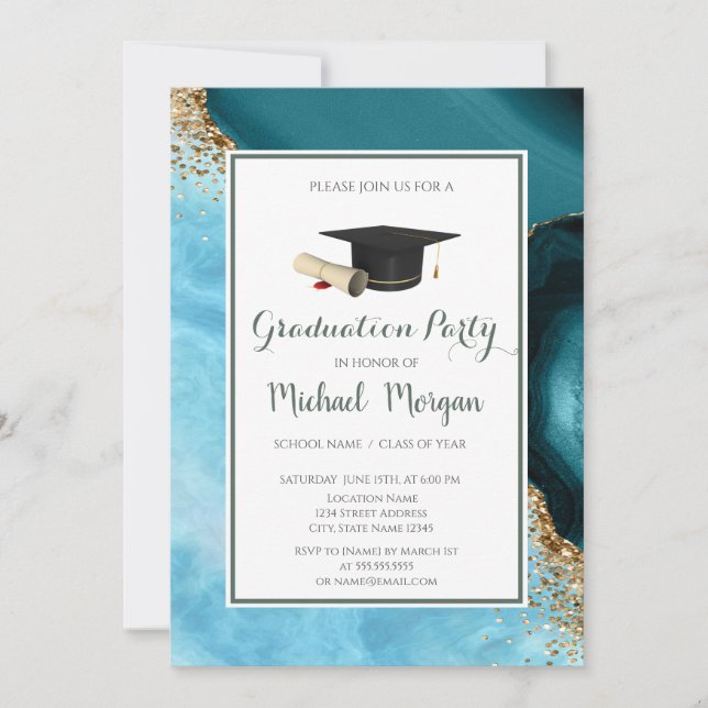 Invitation Casquette de remise des diplômes Marbre turquoise  (Devant)