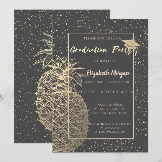 Invitation Casquette de remise des diplômes pailletée, Ananas (Devant / Derrière)