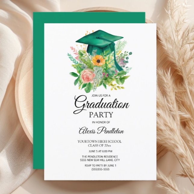 Invitation Casquette de remise des diplômes verte Fleurie Lyc (Green graduation cap party invitation)