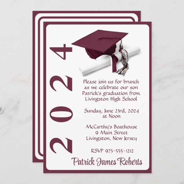 Invitation Casquette & Diplôme 5x7 Maroon & White Graduation (Devant / Derrière)
