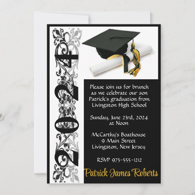 Invitation Casquette & Diplôme 5x7 Noir & Or Graduation (Devant)