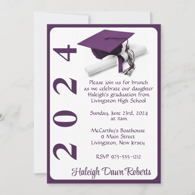 Invitation Casquette & Diplôme 5x7 Purple & Blanc Graduation (Devant)