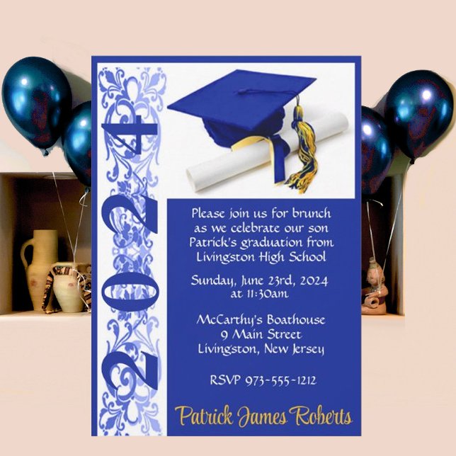 Invitation Casquette & Diplôme 5x7 Royal Blue & Gold Graduati (Créateur téléchargé)
