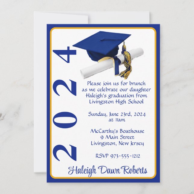 Invitation Casquette & Diplôme 5x7 Royal Blue & Gold Graduati (Devant)