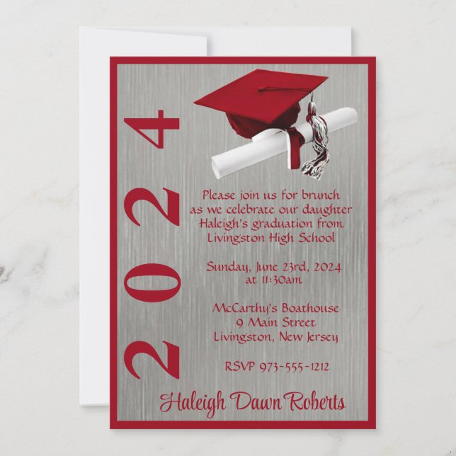 Invitation Casquette & Diplôme 5x7 Scarlet Red/Silver Graduat (Devant)