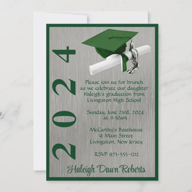 Invitation Casquette & Diplôme 5x7 Vert et Argent (Devant)