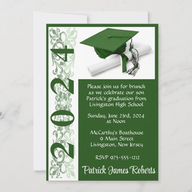 Invitation Casquette & Diplôme 5x7 Vert et Blanc (Devant)