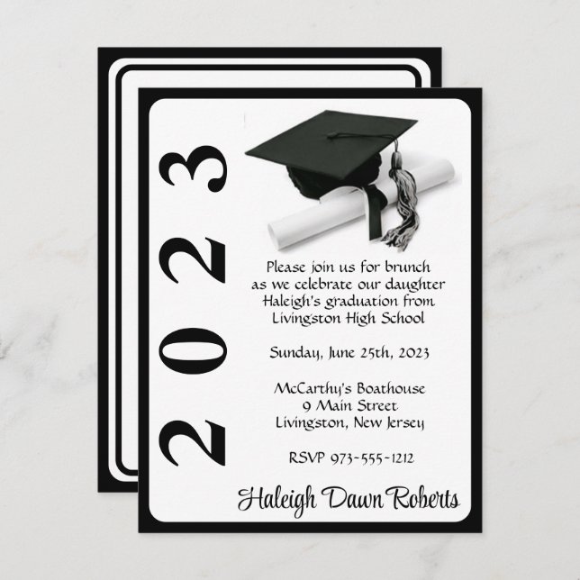 Invitation Casquette & Diplôme, Black & White Graduation Invi (Devant / Derrière)