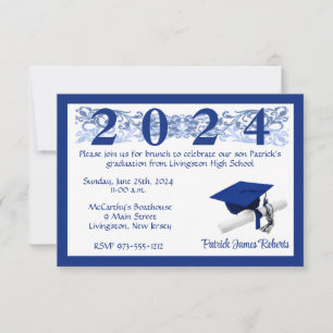 Invitation Casquette & Diplôme, Blanc & Royal Bleu Graduation