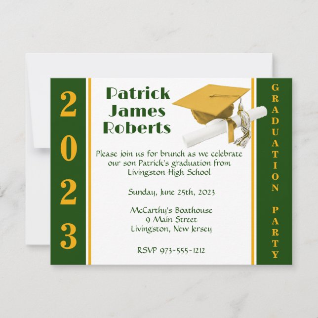 Invitation Casquette & Diplôme, Gold & Green Graduation Invit (Devant)