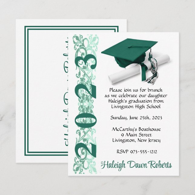 Invitation Casquette & Diplôme, Hunter Green & White Graduati (Devant / Derrière)