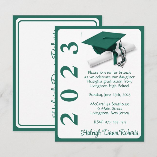 Invitation Casquette & Diplôme, Hunter Green & White Graduati (Devant / Derrière)