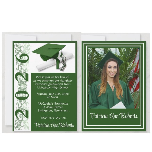Invitation Casquette & Diplôme photo, Green and White Graduat (Graduation invitations with photos and a cap and diploma design!)